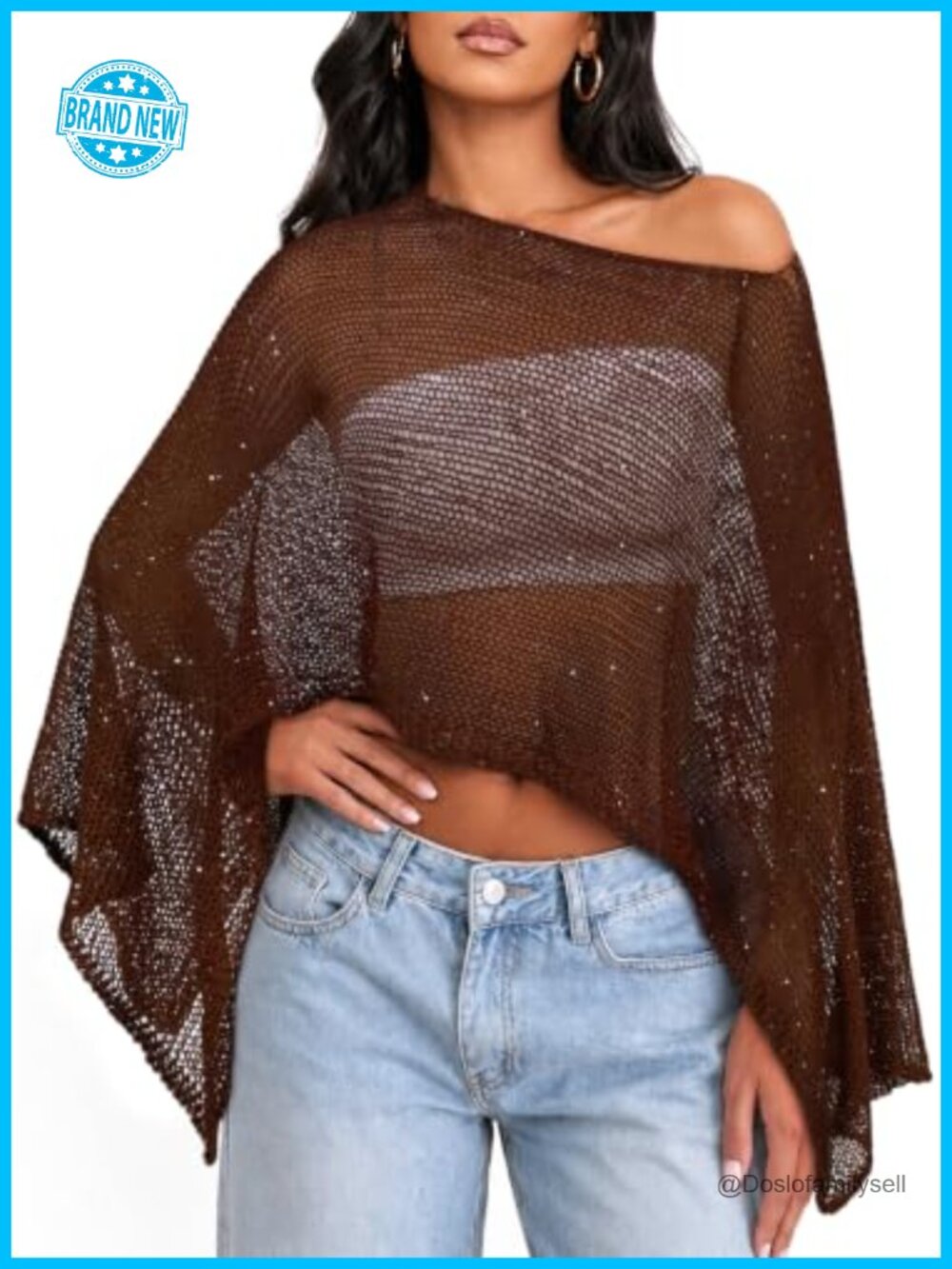 Sparkly Crochet Knit Off Shoulder Batwing Cover Up Top